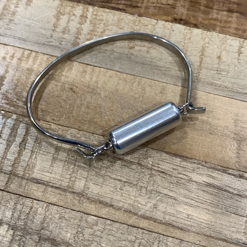 Modernist Silver Tone Cylinder Bar Hook Bangle Bracelet | Minimalist Industrial - Picture 4 of 7